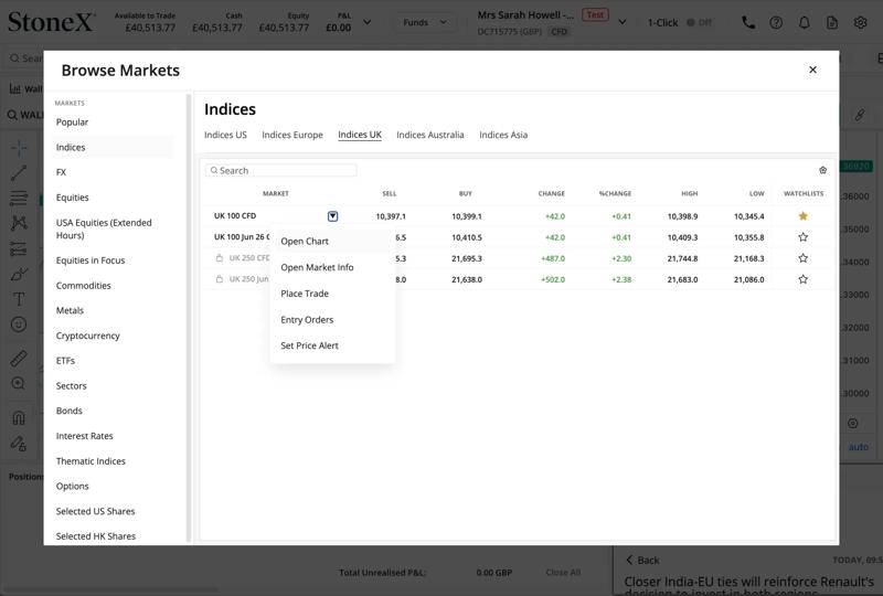 Indices UK markets screen in StoneX Trading platform