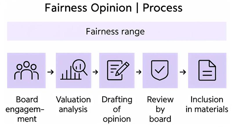 Process flow diagram showing the key steps in obtaining a fairness opinion, from board engagement to valuation analysis, drafting, review, and inclusion in materials.