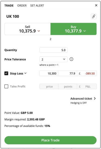 UK 100 deal ticket with stop loss