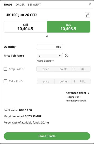 UK 100 Jul 22 Call 7000 CFD option deal ticket