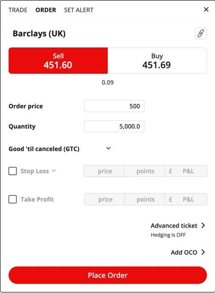 Barclay's (UK) sell stop order example deal ticket