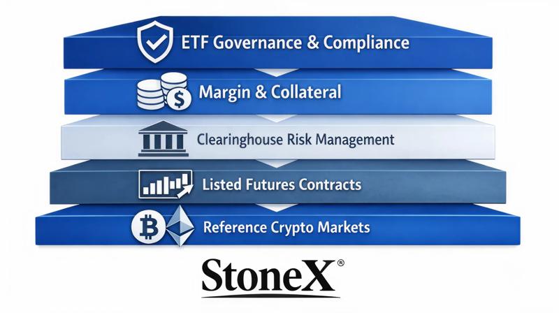 Layered visual illustrating risk management in a crypto ETF, from reference crypto markets and listed futures to clearing, margin, and ETF governance, supported by StoneX. 