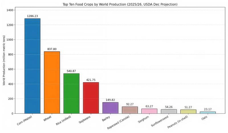 Bar chart comparing the world production volumes of the top ten food crops for the 2025/26 season.