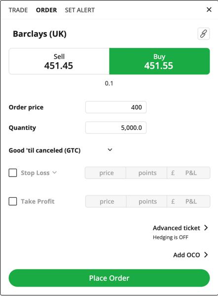 Barclays (UK) buy limit order example deal ticket