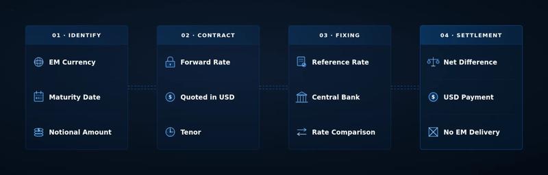 Non-deliverable forward (NDF) process showing identification, contract, fixing, and settlement stages for emerging market currency hedging.