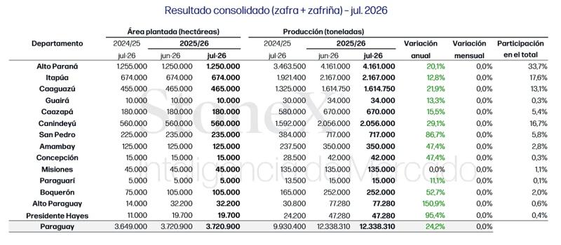Tabela do resultado consolidado da safra e safrinha no Paraguai em julho de 2026, com área plantada, produção, variação anual e participação por departamento.
