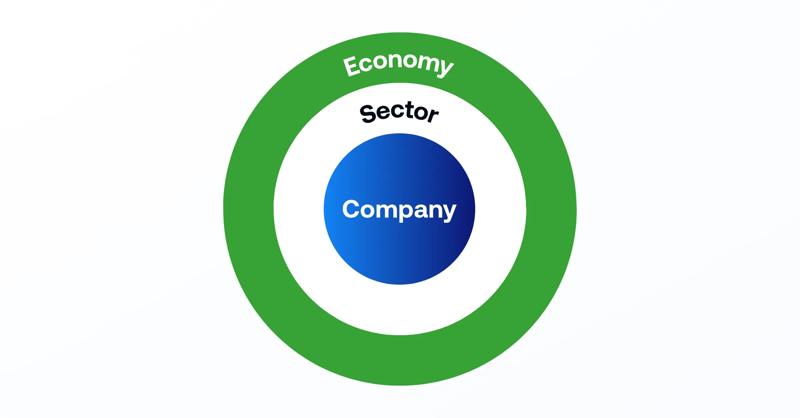 Fundamental analysis graphic showing the economy, sector and company in concentric circles