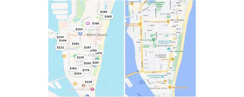 Map view with hotel prices labeled across South Beach and Miami Beach