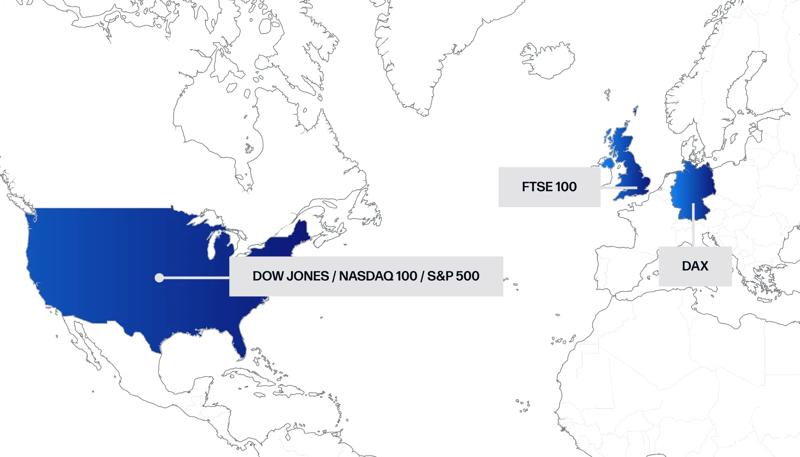 Map highlighting where Dow Jones, FTSE 100 and DAX geographic locations