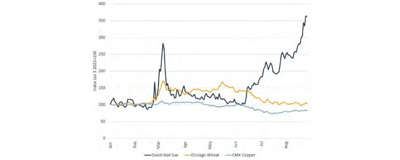 Indexed price trends of Dutch natural gas, Chicago wheat, and copper through 2022