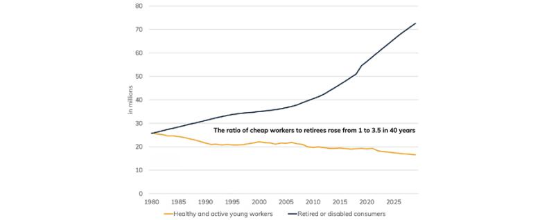 Chart comparing number of healthy young workers versus retirees from 1980 to 2025