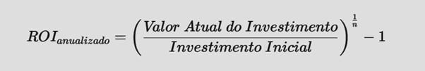 Fórmula para calcular o ROI anualizado com o valor do investimento atual e o investimento inicial