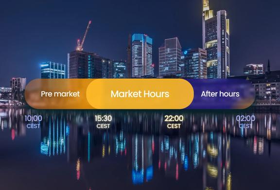 Global stock market trading hours displayed over a city skyline, showing pre-market, market hours, and after-hours sessions.