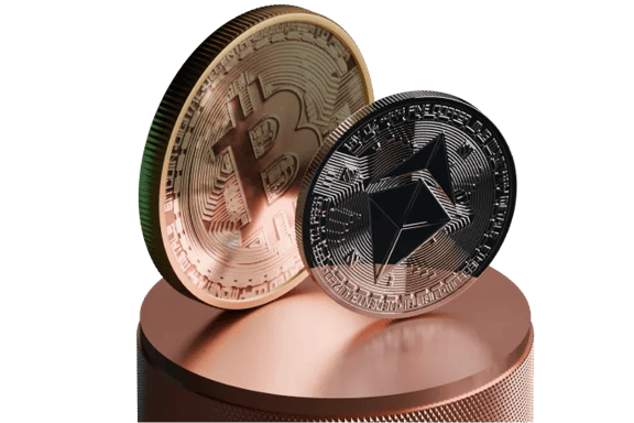 Bitcoin and Ethereum cryptocurrency coins displayed on a metallic platform