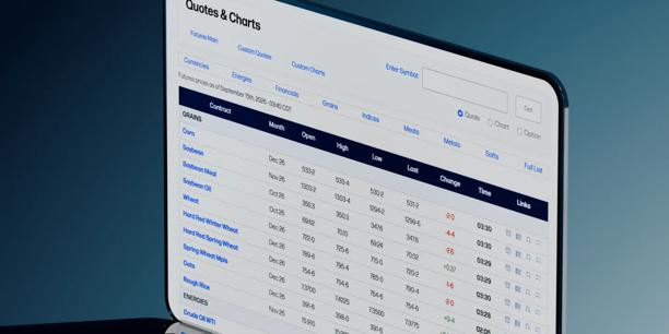 StoneX Futures mobile quotes page showing futures contract pricing, market categories and real-time quote details.