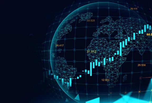 Globo digital com gráfico financeiro ascendente representando o crescimento do mercado global