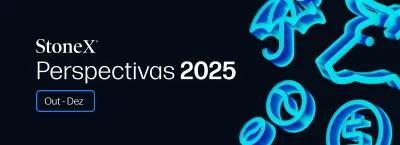 Banner da StoneX com o texto “Perspectivas 2025 – Out–Dez”, acompanhado de ícones em azul representando economia e mercado financeiro.