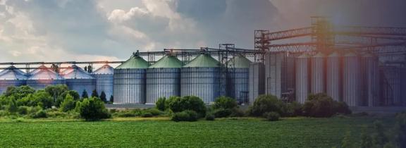 Panoramic view of industrial grain silos surrounded by green fields and a cloudy sky
