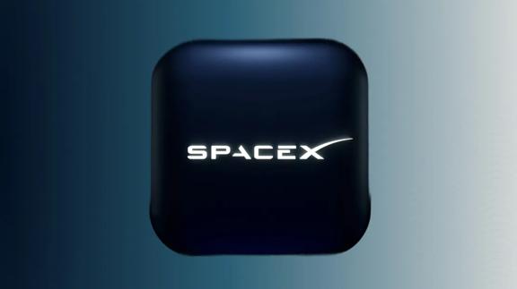 Illuminated SpaceX logo displayed on a futuristic dark cube against a star-filled space background.