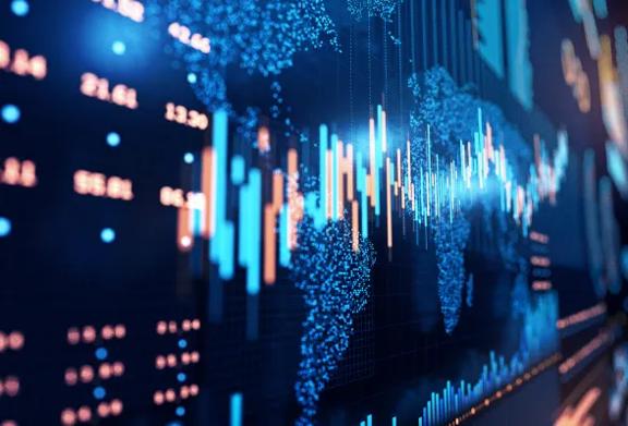 Tela digital abstrata exibindo dados financeiros globais e gráficos de candlestick
