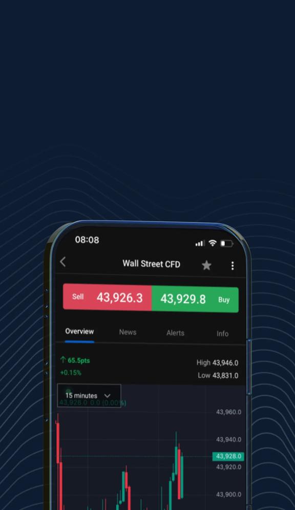 A trading app on a phone showing Wall Street CFD pricing and a chart, set against a dark wavy background.