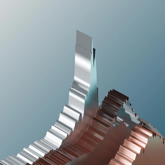 3D metallic financial chart in silver, gold and copper on a teal background