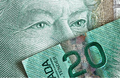 Macro shot of a Canadian twenty-dollar bill featuring Queen Elizabeth II