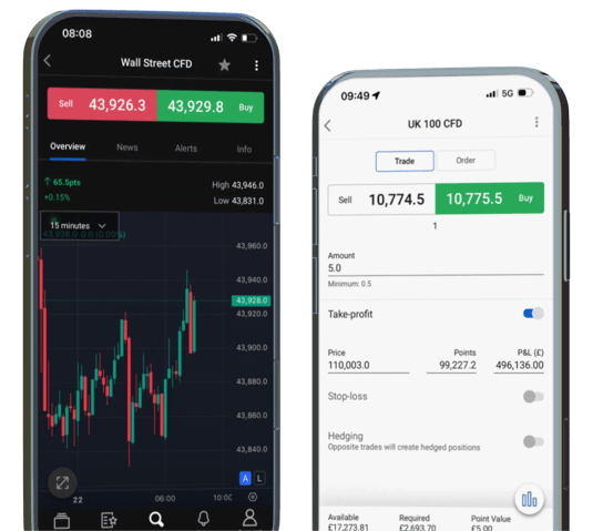 Two smartphones showing Wall Street CFD and UK 100 CFD on StoneX Trading platform