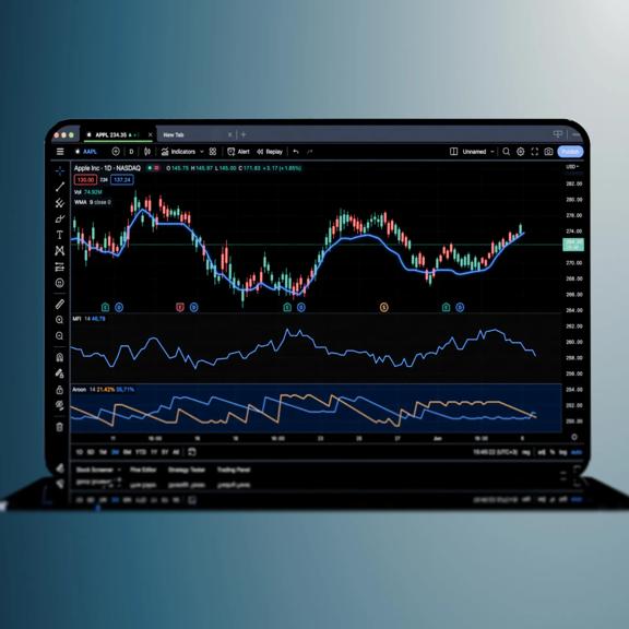 Laptop displaying a stock market analysis platform with candlestick charts, technical indicators, moving averages, and market trend data used for trading and investment analysis