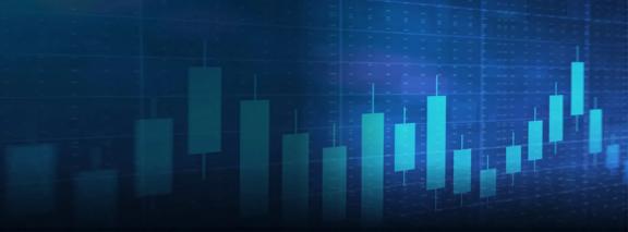 Digital candlestick chart displaying financial market trends and price movements on a blue trading interface. Ideal for representing market analysis, trading strategies, financial technology, and investment insights.