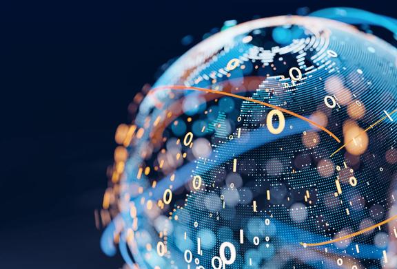 Abstract digital globe with binary code and network connections, symbolizing global data flow and technology