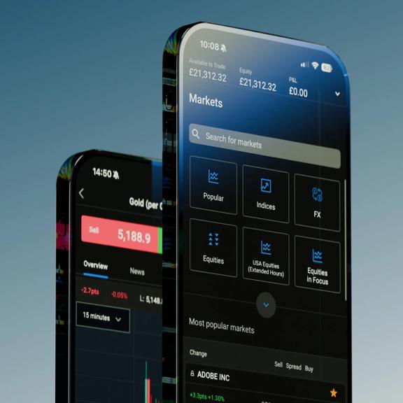 Two smartphones showing the StoneX trading app with market lists and a gold price chart