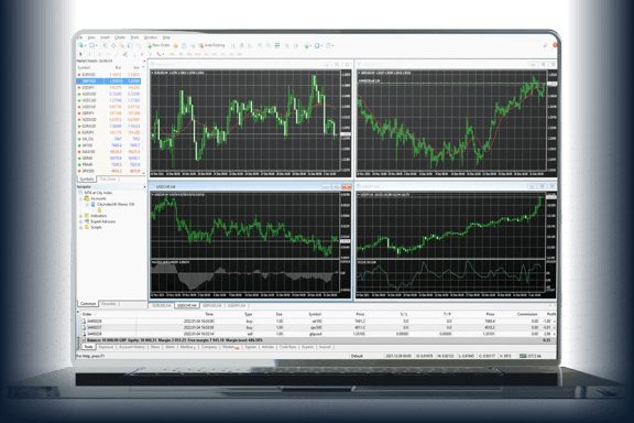 A laptop displaying a trading platform with four chart windows, market instruments, and an order panel.