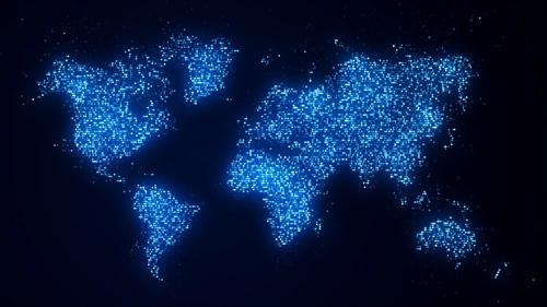 Digital world map blue dots on dark background