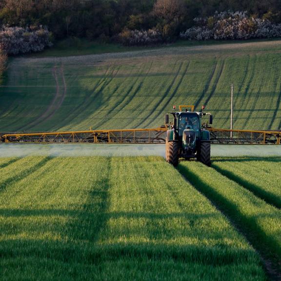 Tractor spraying a green agricultural field at sunset