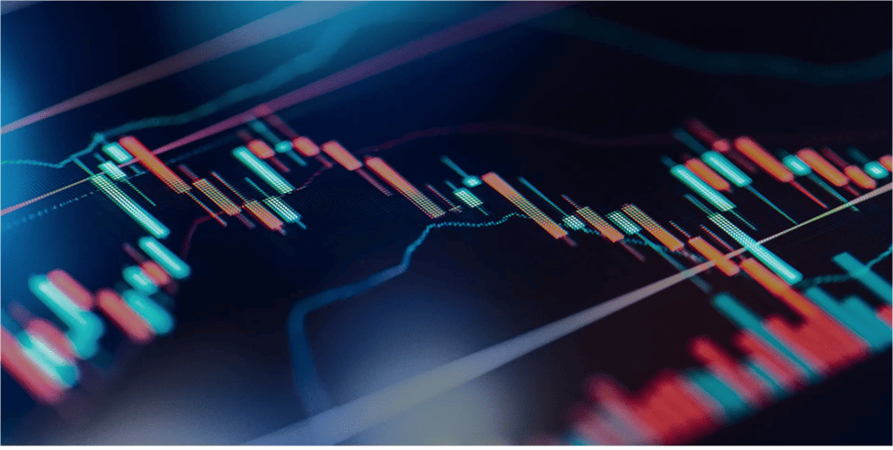Digital financial trading chart displaying candlestick patterns, price movements, and technical indicators on a dark background, representing market analysis and active trading strategies.