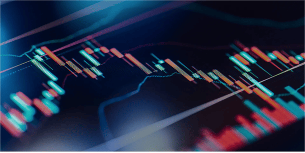Digital financial trading chart displaying candlestick patterns, price movements, and technical indicators on a dark background, representing market analysis and active trading strategies.