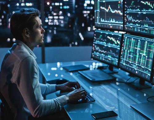 Trader analyzing multiple financial charts on monitors in a dark office with city lights in the background