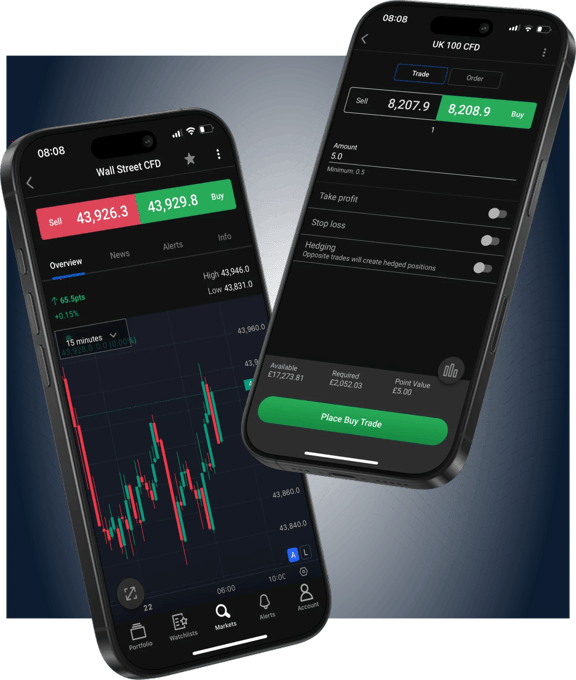 Two smartphones showing a trading app, one with a Wall Street CFD chart and the other with an order ticket for UK 100 CFDs.