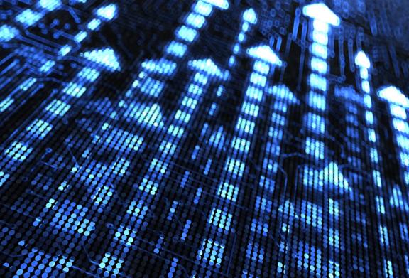 Digital blue arrows made of glowing pixels representing data growth, technology advancement, and upward financial trends.

