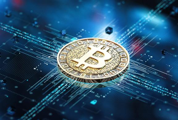 Bitcoin on a digital blockchain network, representing StoneX Digital's flexible crypto asset custody solutions.