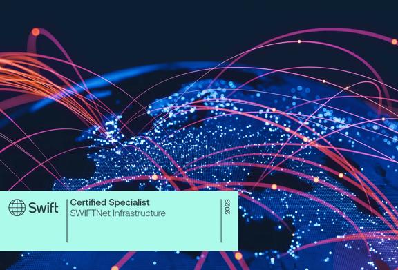 Digital world map with glowing data connections representing global financial infrastructure and SWIFTNet certification.

