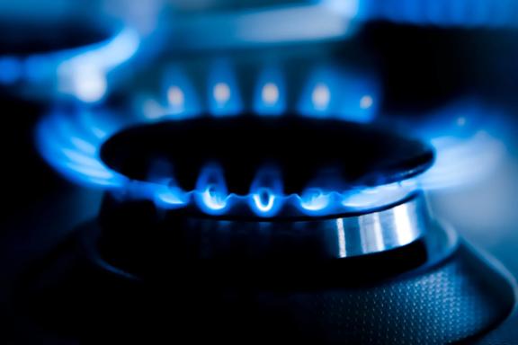 Blue ring of natural gas flame on a cooking hob