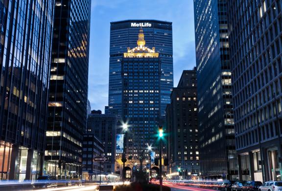Evening view of the MetLife Building and surrounding skyscrapers in Midtown Manhattan, New York City