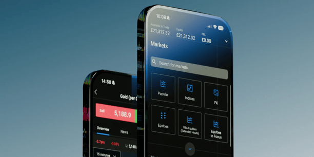 Two mobile screens showing a trading platform with market prices on one side and a chart with buy and sell prices on the other.