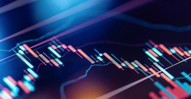 Colorful digital candlestick chart displaying market trends and financial data visualization