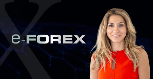 Professional woman in red dress standing beside the e-Forex logo on a dark background with abstract design