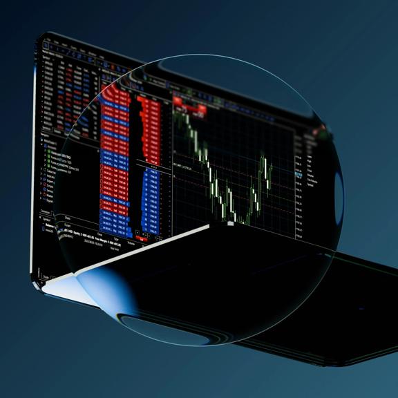 Futures trading platform displayed through a magnifying glass showing market data, charts and order management tools.