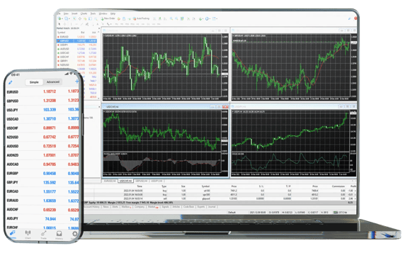 A laptop screen showing a trading platform with two financial charts and market data dashboards.