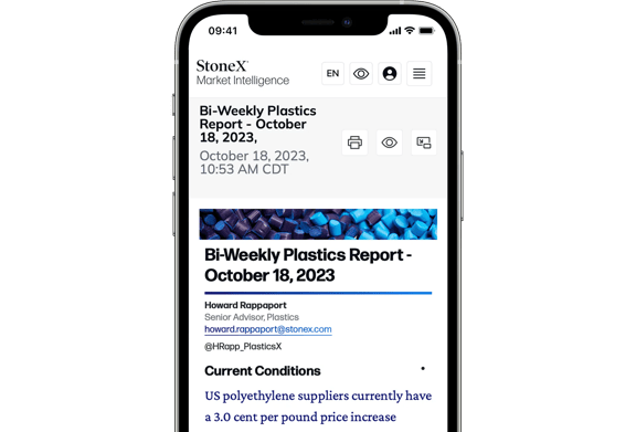 Mobile screen showing Plastics Insights Market Intelligence